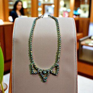 Vintage Blue Aurora Borealis Rhinestone Necklace Triple Triangle Necklace